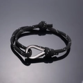 Adjustable black dotted woven cord bracelet with polished silver horseshoe clasp buckle - Black with White Dots