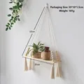 Bohemian woven tapestry shelf with wooden plank and white cotton rope for wall hanging - Wood Bead Tassel Style