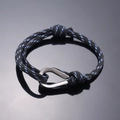 Adjustable blue and white woven rope nautical bracelet with silver stainless steel shackle - Black With Blue White Texture