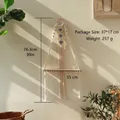 Detail of bohemian woven macrame wall shelf with evil eye beads and natural wood base - Type A (76.3*35cm)