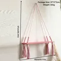Pink bohemian woven wall hanging shelf with wooden board and beaded cotton tassels - Pink Tassel Hanging Rack (M02097)