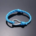 Blue nautical braided rope bracelet with stainless steel metal hook and red accents - Light Blue Camo