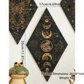 Detail view of rhombic black wood wall decor with golden moon and floral patterns - Style C