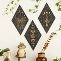 Set of 3 geometric wooden diamond wall plaques with moon phase and butterfly carvings - Combination Style