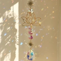 Gold metal lotus suncatcher with colorful crystal drop casting rainbow light on wall - Lotus Style C (45cm)