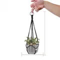 Handmade black woven macrame plant hanger with wooden beads and gray pot, 46cm length - Style D m01517