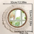 Boho round wall mirror with brown rope weaving and dense white cotton fringe tassels - Large Style (ms12241)