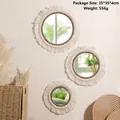 Set of 3 bohemian round wall mirrors with handmade cotton macrame fringes and brown accents - Large Medium and Small Combination Style (MS12069)