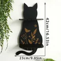 Detailed view of gothic cat wooden wall shelf with golden floral laser engraving - Black (ms9509)