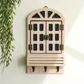 Rustikaler Wandorganisator aus Holz im Fensterdesign mit 3 Metallhaken und Regal - Naturholzfarbe