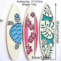 Three wooden surfboard wall decors with laser-cut sea turtle, flower, and leaf designs - Tropical Plant Style-Turtle Hibiscus Monstera (ms10801)
