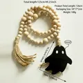 Detail of wooden bead curtain tieback with ghost pendant and measurements shown - Black Ghost Style (BS4349)