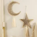 Decoración de pared boho de luna y estrella en madera con calados y borlas de algodón - Juego de Kits de Material de Luna y Estrella (ms11827)
