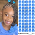Detailed view of blue acrylic dreadlock beads and a black hair threading tool for DIY styling - Cloud Blue