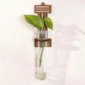 Wall-mounted dark brown wood plant propagation holder with glass tube and green leaf - Letter I Style (ms8506)