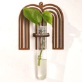 Arch-shaped dark brown wood wall planter with a glass tube for hydroponic plants - Letter M Style (ms8510)