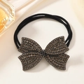 Elegant black elastic hair tie with rhinestone butterfly bow ornament and double-strand band - Black
