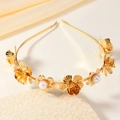 Elegante cerchietto per capelli dorato con fiori di metallo e perle su seta - Stile Fiore in Metallo e Perle (2)