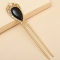 Detail of vintage gold hairpin with black teardrop stone, pearls and carved hollow pattern - Gold (C1421)