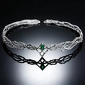 Detail of silver fantasy elven crown with vine textures and a teardrop green gemstone - Silver with Green Rhinestone