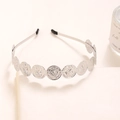 Silver metal headband with vintage embossed round coins and black comfort end tips - Silver