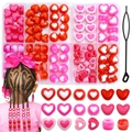 80pcs heart acrylic beads set with 10-grid storage box and threading tool for DIY hair braiding - Heart Style / Red