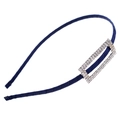 Detail of navy blue satin headband featuring a sparkling rectangular rhinestone ornament - Rectangle