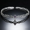 Silver vine forest elf crown featuring a pear-shaped purple gemstone centerpiece - Silver Purple Rhinestone
