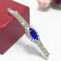 Primer plano de pasador plateado con cristal azul marino y brillantes diamantes de imitación - Azul