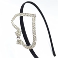 Elegant black satin headband with large rhinestone letter D and a sparkling bow ornament - Letter D Rhinestone Bow Style (C9511) / Silver