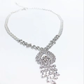 Elegant silver rhinestone choker necklace with teardrop pendant and tassel detail - Water Drop Tassel Style / Silver