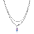 Collana a doppio strato in acciaio con catena cubana e gemma sfumata rosa e blu - E6009 Collana 50+5CM