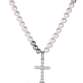 Elegante Perlenkette mit diamantbesetztem Kreuzanhänger aus poliertem Titanstahl für Damen - Kreuz Stil (E6007) / 50cm+5cm