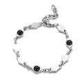 Polished stainless steel bracelet with rhombus links and round black obsidian stones - Black Obsidian Bracelet (18+4CM) / Black Bead Bracelet