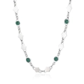 Detail view of silver geometric diamond links with green tiger eye stone spheres - Malachite Green Necklace