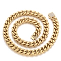 Chunky gold-plated stainless steel Cuban link necklace with iced-out rhinestone buckle - 13MM Wide Gold Cuban Link (Bracelet 17CM) (G4010) / Gold