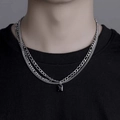 Collier double couche en chaîne gourmette argentée avec pendentif noir pour homme - Collier