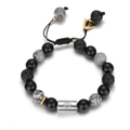 Pulsera para hombre de piedra volcánica con tubo de plata grabado y colgante de oro triangle - Estilo de Cierre Cilíndrico Simple (B3014) / Color Acero