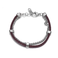 Pulsera de cuero burdeos de doble capa con cadena de plata y cuentas de metal - 18+3cm / Rojo Oscuro