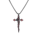 Gothische zwaard-kruis ketting met rozen, doornen en rood hartvormig kristal detail - 60+5cm / Zwart (F4006)
