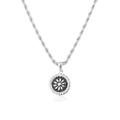Macro detail of silver daisy flower circular pendant with elegant rope chain design - Steel (T6004)