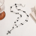 Detail of double-layer titanium necklace with cross pendant and black gemstones - Layered Necklace (T5003)