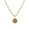 Golden rope chain necklace with a black enamel daisy flower coin pendant - Gold (T6004)