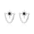 Detailed close-up of gothic star earrings with black gemstone and silver cuban chain links - Black Rhinestone (T3001)