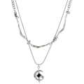 Collana a doppio strato argento con ciondolo a stella, luna e gemma nera lucida - Stile Stella e Luna a Doppio Strato (H7011) / 47+5cm / Argento