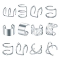 12-piece silver ear cuff set with minimalist leaf and wave designs for non-pierced ears - Silver Set