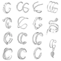 15-piece silver adjustable ear cuff set with snake, leaf, and minimalist spiral designs - Silver Various Styles Collection (E8218)