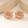 Ohrstecker in Rosa mit Emaille-Blumen, Goldrand und Zirkon-Stein für Damen - Rosa