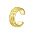 Detail of gold C-shaped ear cuff with three parallel textured lines on white background - Gold Triple Line Ribbed Style