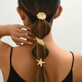 Three-piece golden metal hair clips set with starfish and seashell shapes on bubble braid - Gold Starfish Conch And Shell Style